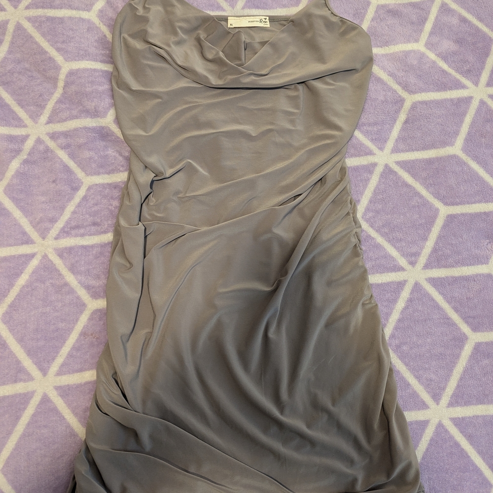 Forever Rose Gray Cowl Neck Ruched Midi Dress